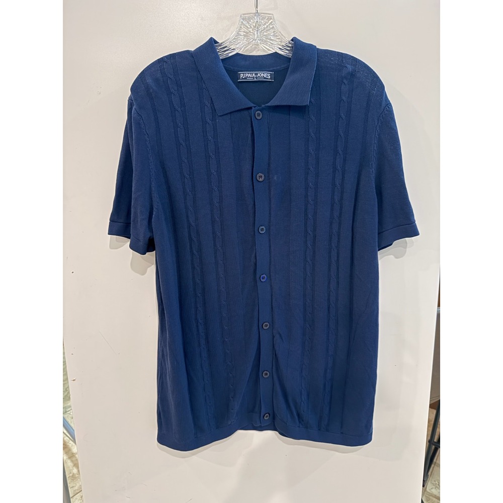PJ PAUL JONES Men Knit Polo Shirt Blue Cable Textured Button Up Retro Casual L